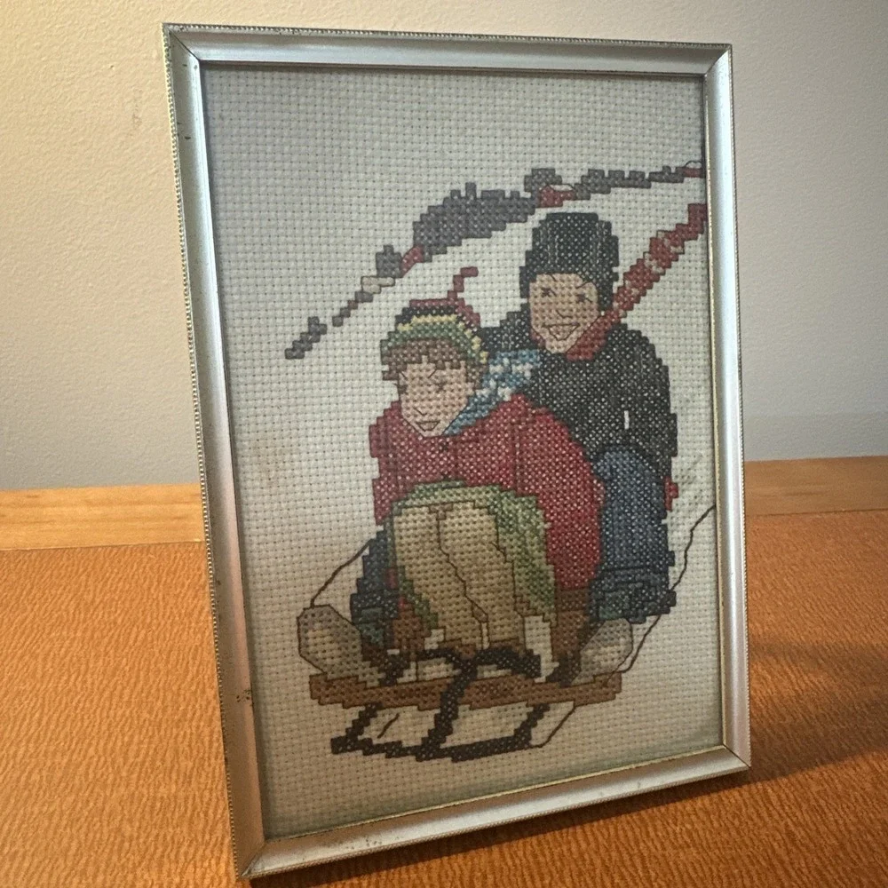 Vtg Crossstitch In Gold Grame Winter Holiday Sledding